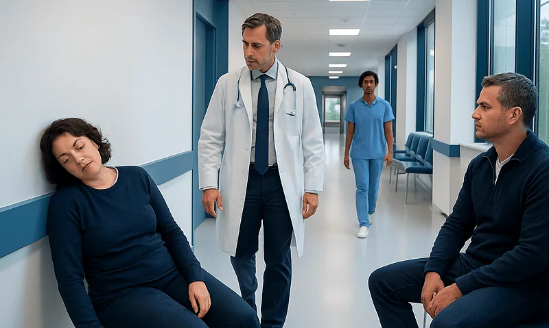Patient with narcolepsy experiencing sleep attack in hospital corridor.