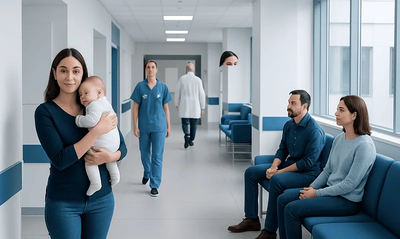 Happy mother with baby in hospital corridor at Acibadem Hospitals Group.
