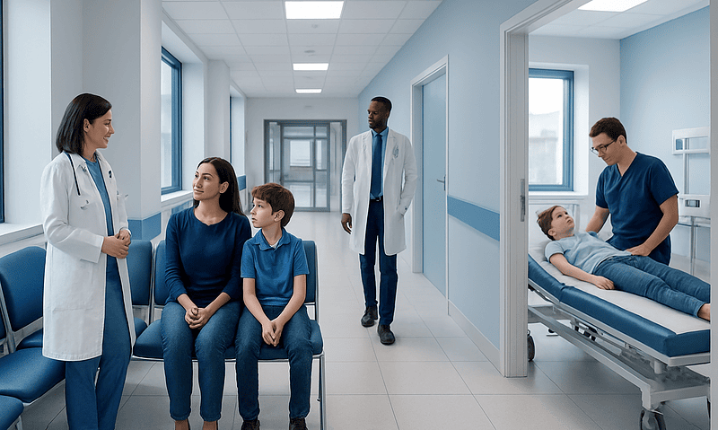Pediatric sleep disorder consultation in a hospital setting with doctors and children.