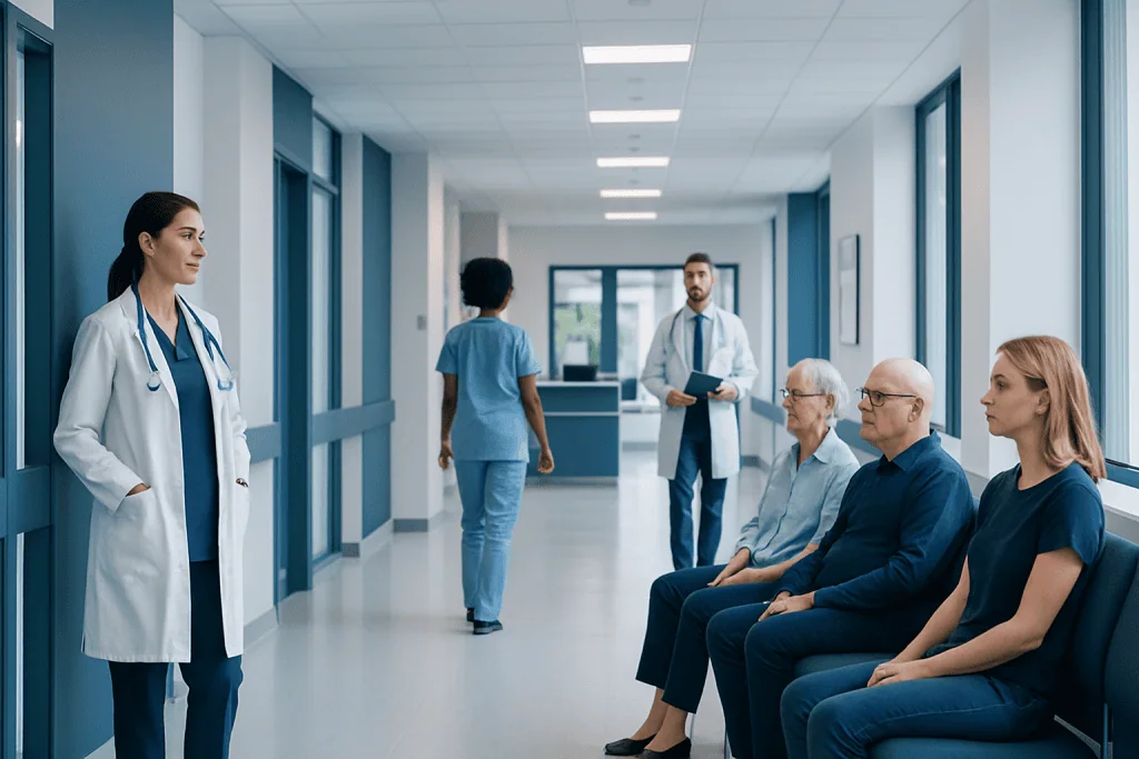 CSF Leak: Headache, Ear Symptoms, and When Neuroimaging Is Needed 1 Medical consultation in hospital corridor with doctor and patients.