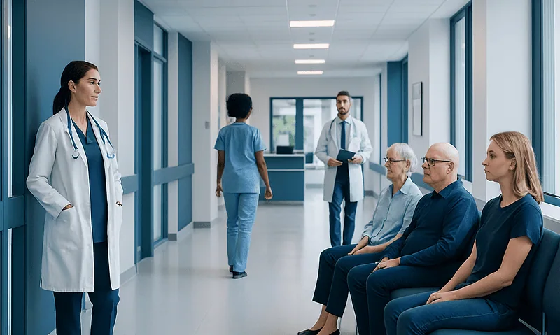 Medical consultation in hospital corridor with doctor and patients.