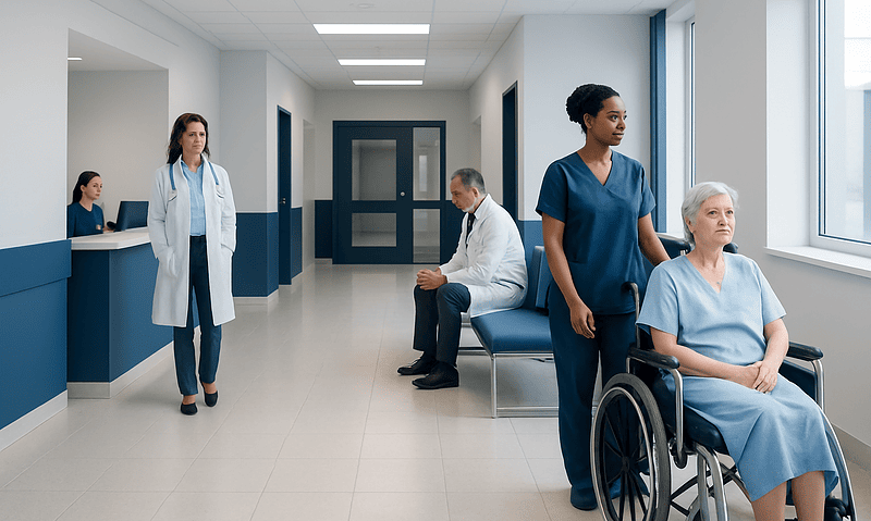 Hospital corridor with medical staff and patients, healthcare environment.