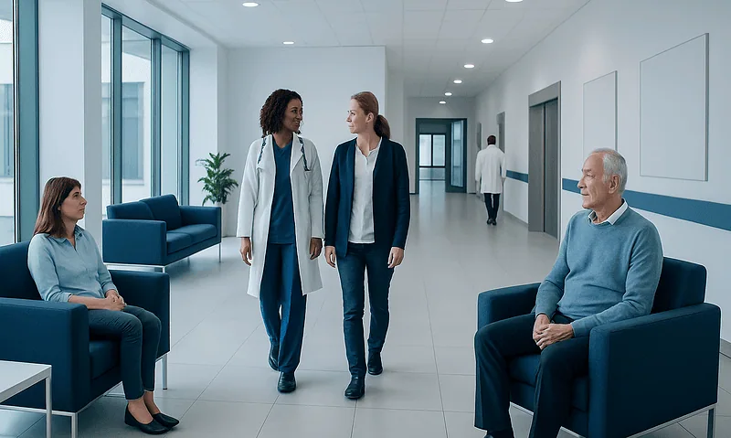Medical professionals and patients in a hospital corridor at Acibadem Hospitals Group.