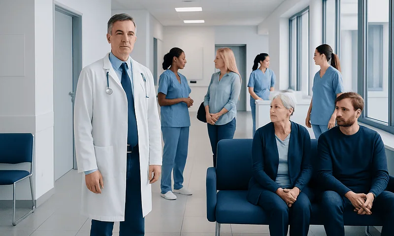 Medical team and patients in a hospital corridor at Acibadem Hospitals Group.