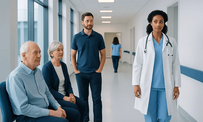 Medical team consulting elderly patients in hospital corridor.