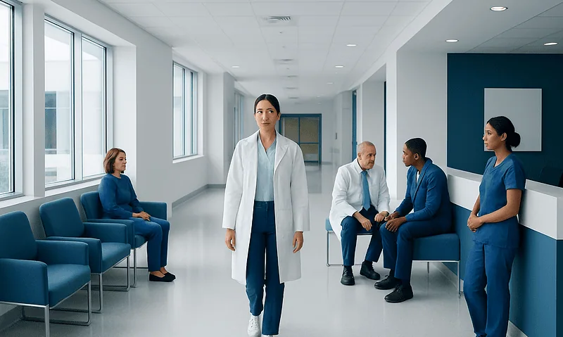 Medical team in hospital corridor ready for patient care.