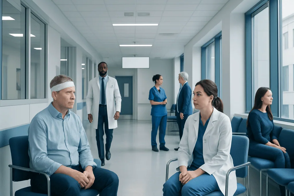 Diplopia After Head Injury: When Double Vision Needs Neuro-Ophthalmology Care 1 Medical consultation in a hospital corridor with doctors and patients.