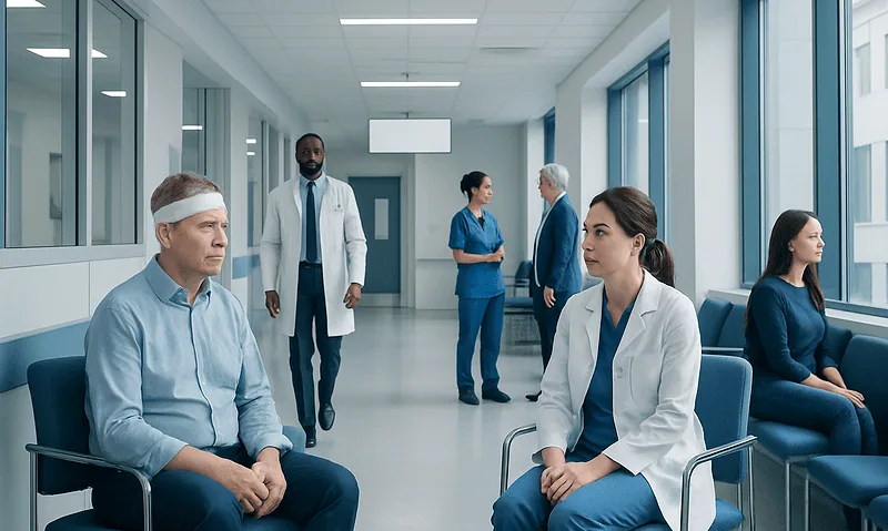 Medical consultation in a hospital corridor with doctors and patients.