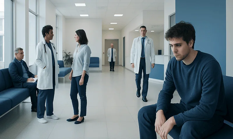 Young man waiting in hospital corridor with medical staff and other patients.