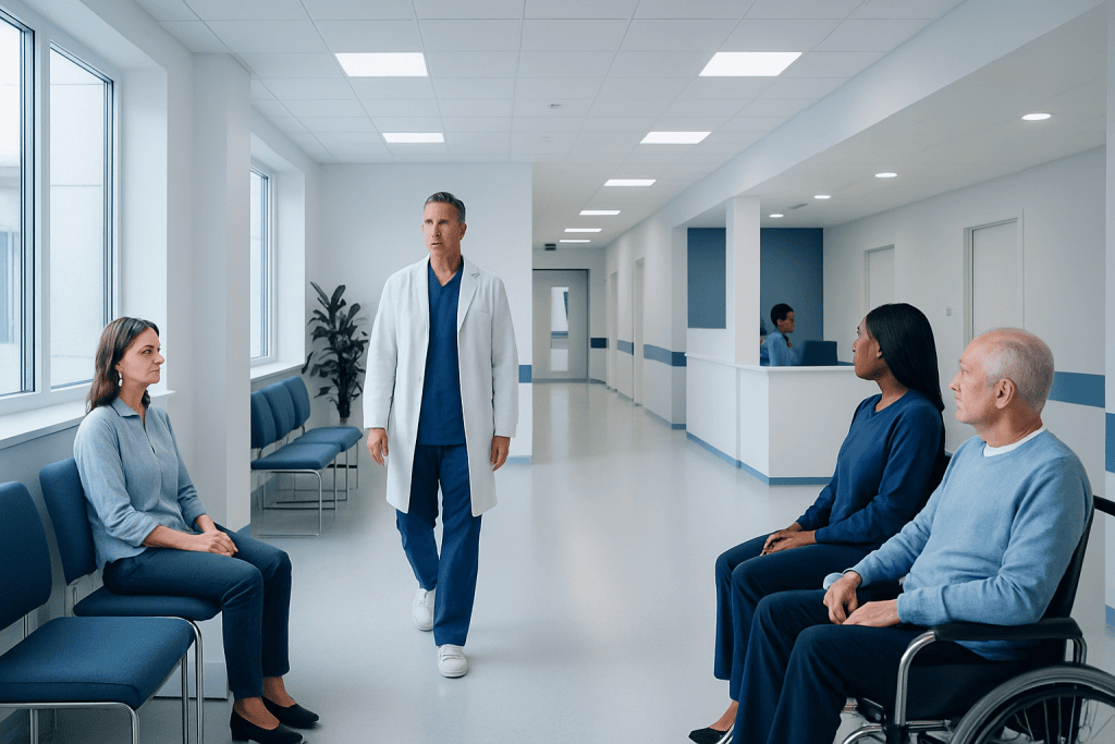 Functional Cognitive Symptoms: When Memory Complaints Need Neuropsychiatry Assessment 1 Doctor consulting patients in a hospital corridor with waiting area.