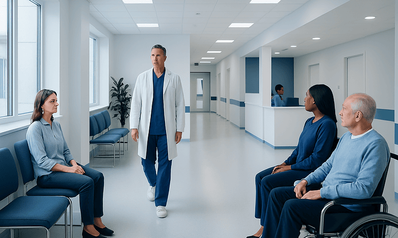 Doctor consulting patients in a hospital corridor with waiting area.
