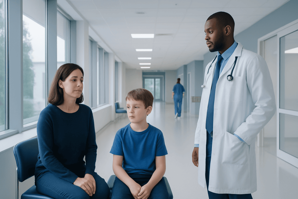 Atonic Seizures in Children: Sudden Falls and Neuropediatric Assessment 1 Doctor consulting with a mother and son in a hospital corridor.