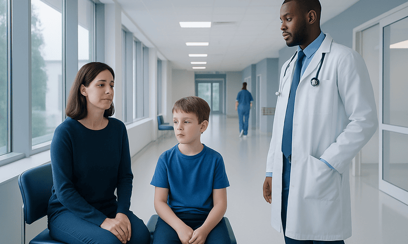 Doctor consulting with a mother and son in a hospital corridor.