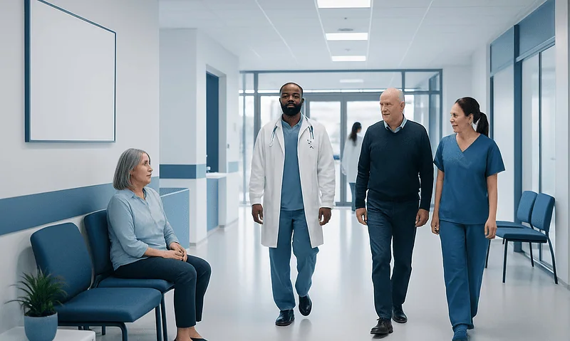 Medical team consulting with patient in hospital corridor.