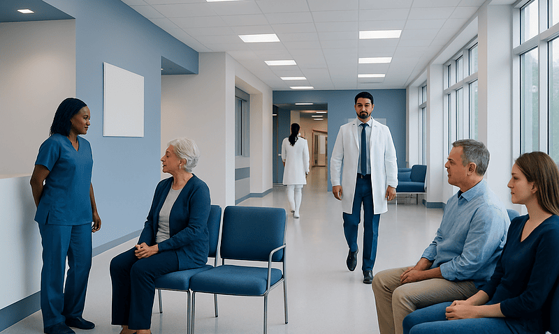 Medical staff and patients in a hospital corridor at Acibadem Hospitals Group.