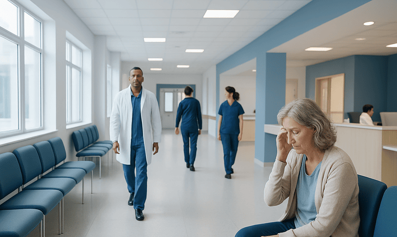 Patient experiencing brain fog in hospital corridor with medical staff nearby.