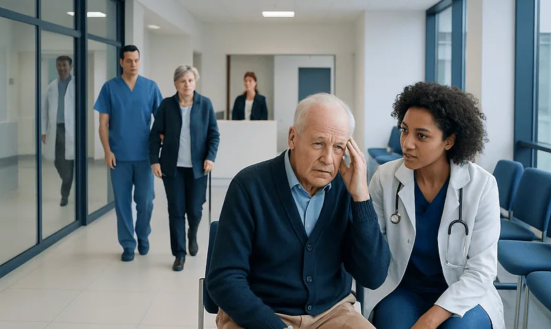 Older man experiencing confusion with healthcare professionals in hospital corridor.