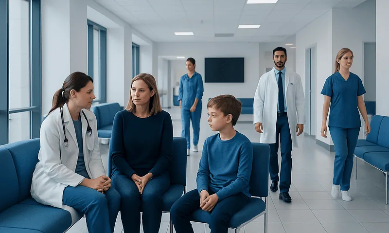Pediatric neurology consultation in a modern hospital waiting area.