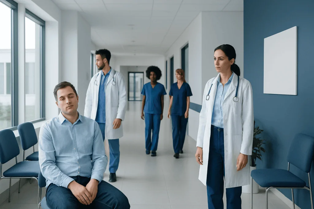 Narcolepsy in Adults: How Doctors Confirm the Diagnosis 1 Medical professionals and patient in hospital corridor for narcolepsy diagnosis.