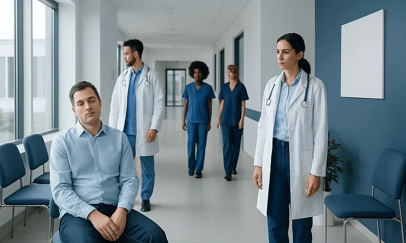 Medical professionals and patient in hospital corridor for narcolepsy diagnosis.