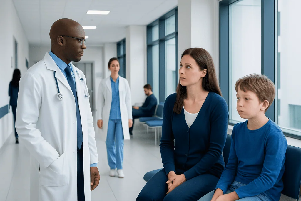 Tourette Syndrome in Children: Tics, Triggers, and When to Seek Specialist Care 1 Doctor consulting with a young patient and parent in a hospital corridor.