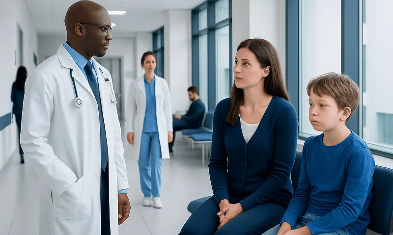 Doctor consulting with a young patient and parent in a hospital corridor.