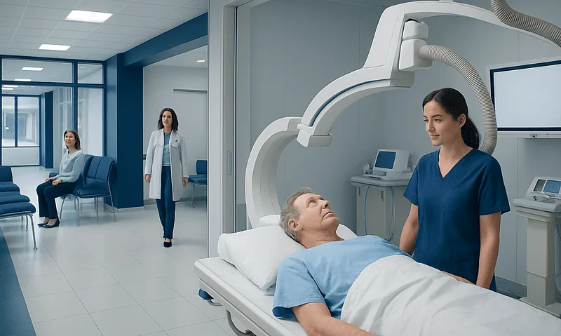 Patient undergoing cerebral angiography in a modern hospital setting.