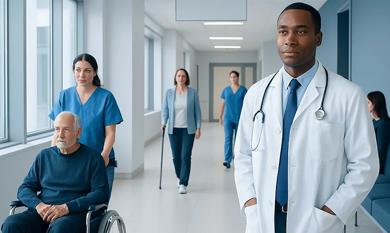 Medical team and patient in hospital corridor, healthcare professionals and staff.