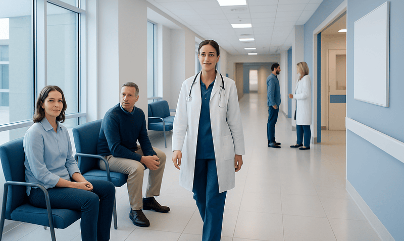 Healthcare professionals and patients in a modern hospital corridor.