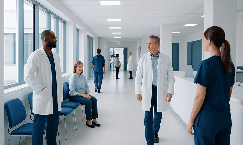Medical team discussing patient care in hospital corridor.