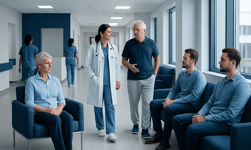 Hospital corridor with patients and medical staff engaging in conversation.
