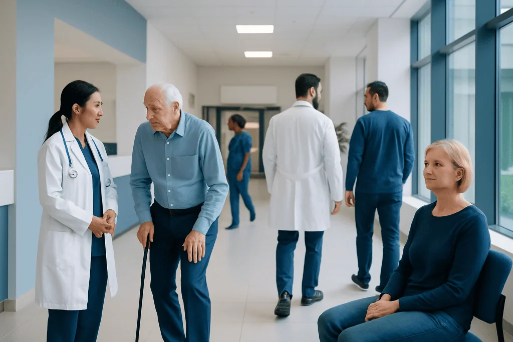 Parkinson Disease Treatment: When Deep Brain Stimulation May Be Considered 1 Patients and doctors in a hospital corridor at Acibadem Hospitals Group.