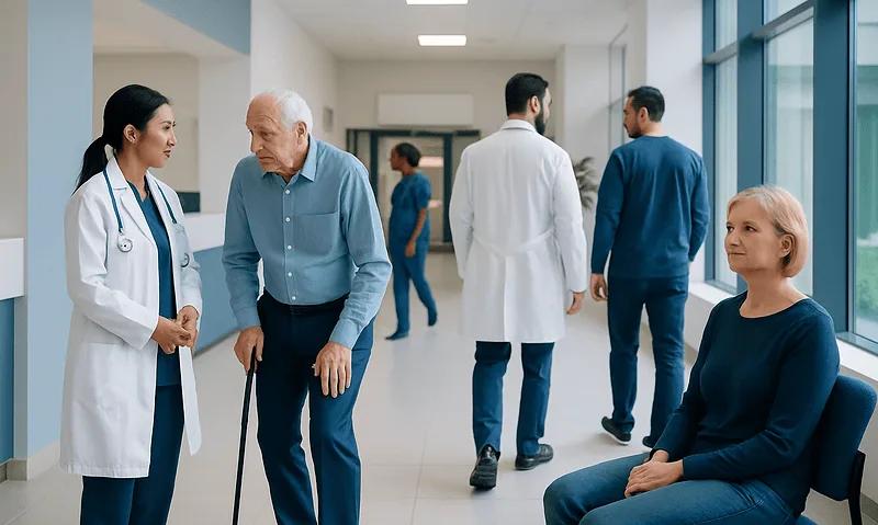 Patients and doctors in a hospital corridor at Acibadem Hospitals Group.