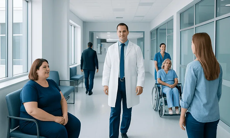 Medical team consulting with a patient in a hospital corridor.