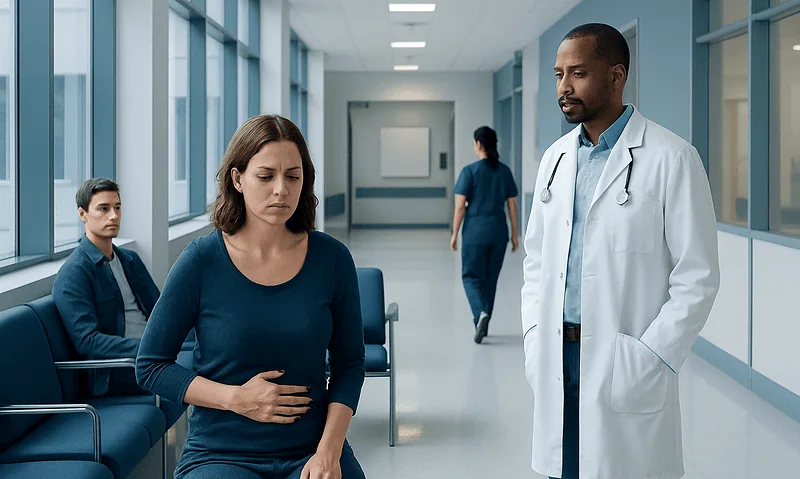 Persistent Nausea and Bloating: When Neurogastroenterology Testing Is Needed 15 Patient experiencing discomfort in hospital corridor during medical consultation.