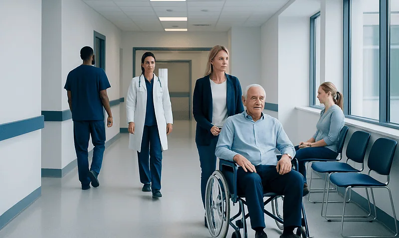 Hospital corridor with medical staff and a patient in a wheelchair.