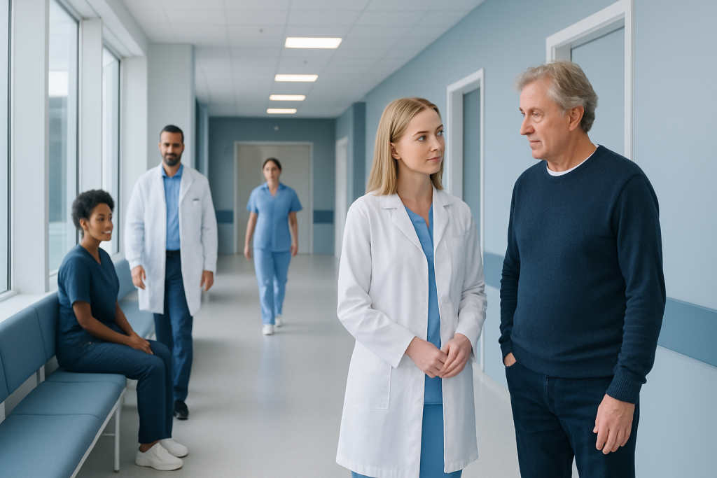 Huntington’s Disease Care Planning: When a Second Opinion Can Help 1 Medical team discussing patient care in hospital corridor.
