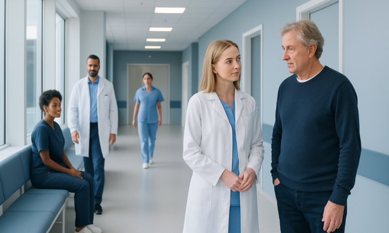 Medical team discussing patient care in hospital corridor.