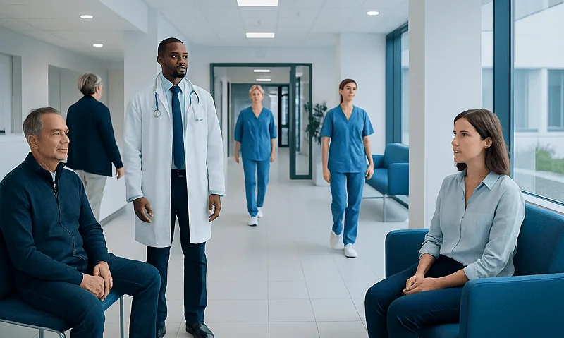 Medical team consulting patient in hospital corridor with staff in background.