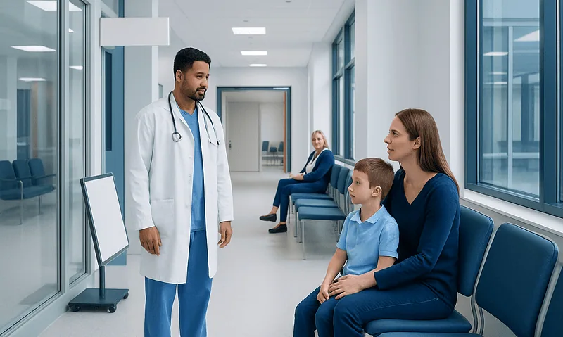 Doctor consulting with a mother and child in a hospital corridor.