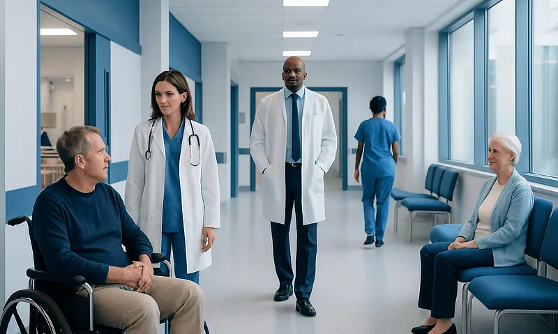 Vestibular Neuritis: Sudden Vertigo, Balance Problems, and Recovery 16 Medical team consulting with patients in hospital corridor.