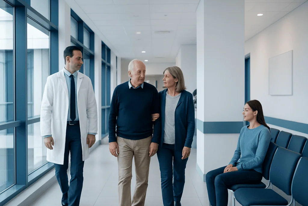 Lewy Body Dementia: Hallucinations, Fluctuating Thinking, and Movement Symptoms 1 Doctor and family in hospital corridor, patient sitting on bench.
