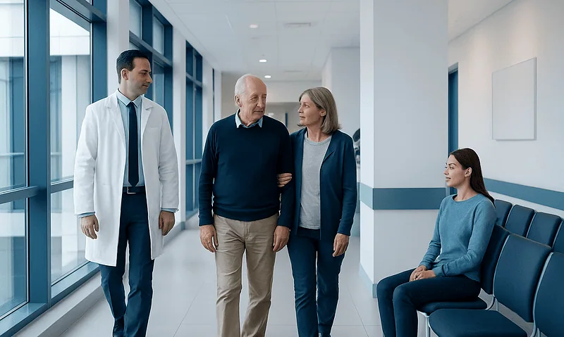 Doctor and family in hospital corridor, patient sitting on bench.