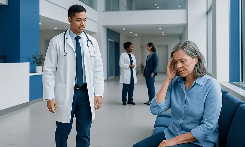 Dizziness With Hearing Loss: When Neurotology Evaluation Is Needed 15 Doctor examining a woman with dizziness symptoms in a hospital corridor.