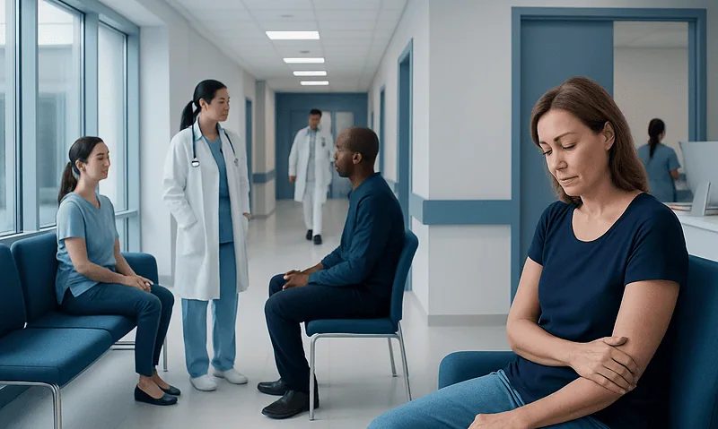 Patients and doctor in a hospital corridor, discussing health concerns.