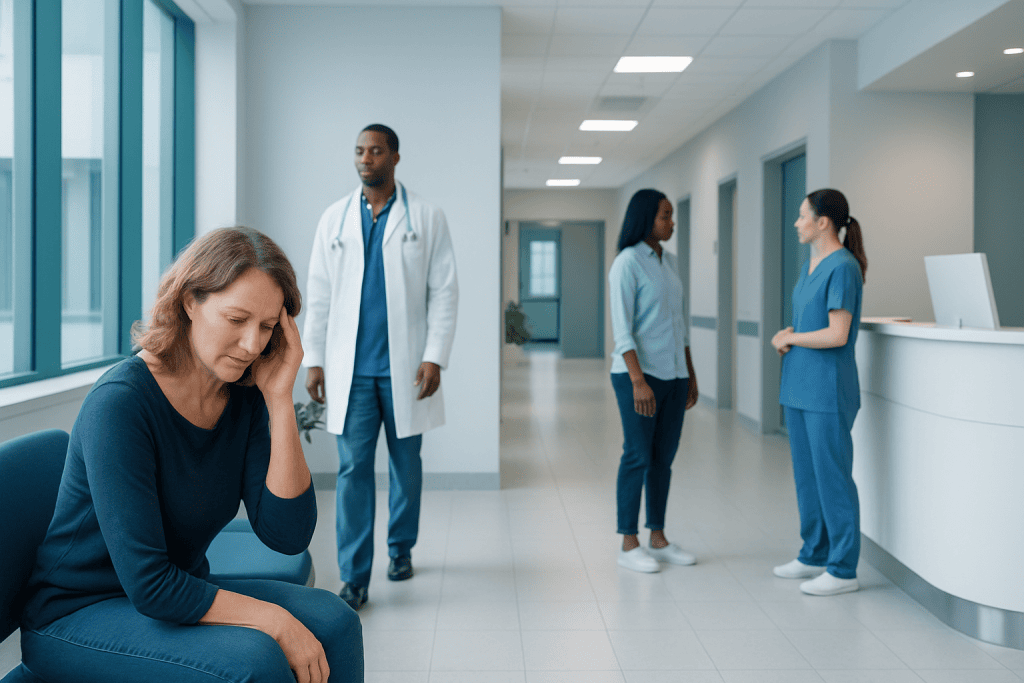 Brain Fog After Infection: When to Seek a Neuroinfectious Diseases Evaluation 1 Patient experiencing headache in hospital corridor with medical staff nearby.