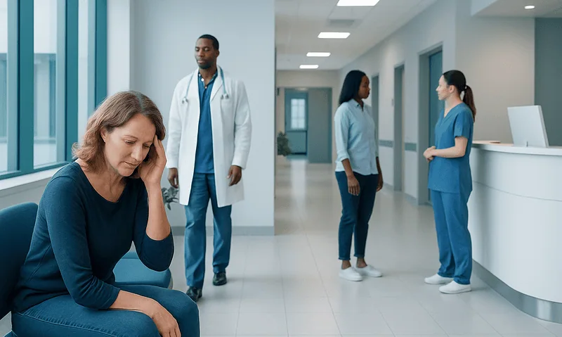 Patient experiencing headache in hospital corridor with medical staff nearby.