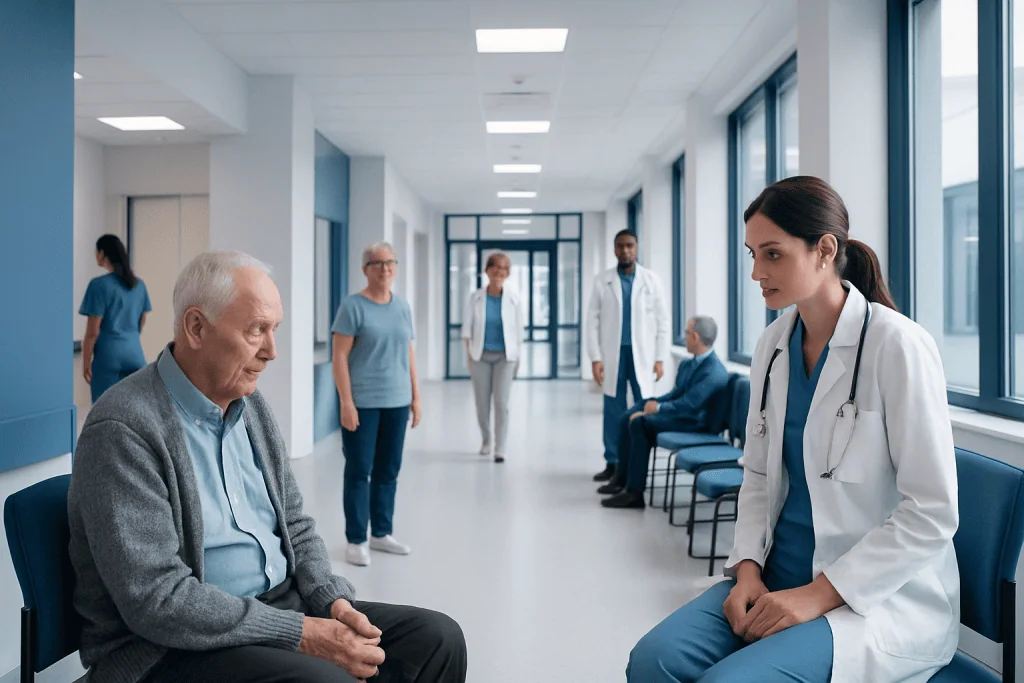 Older Adults With New Tremor: When Geriatric Neurology Evaluation Matters 1 Older adult patient with medical staff in hospital corridor.