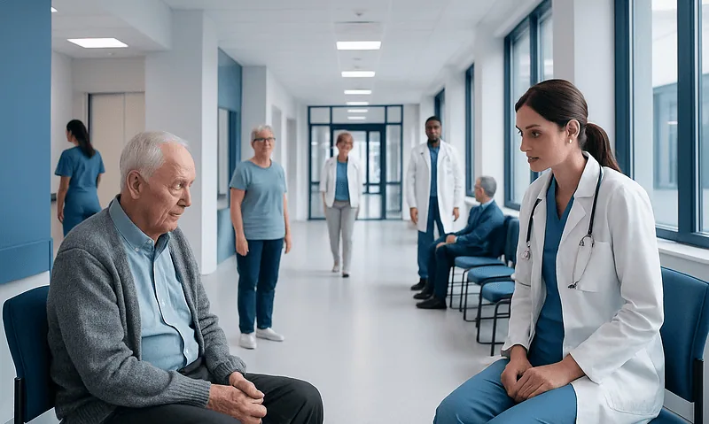 Older adult patient with medical staff in hospital corridor.