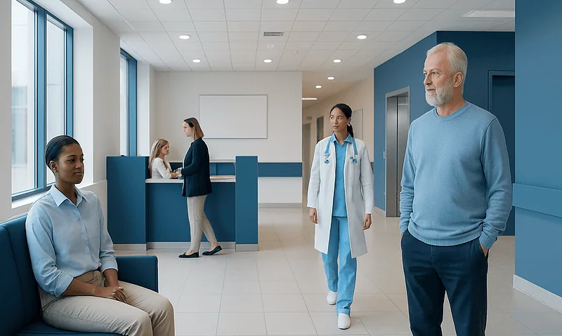 Patients and doctor in a modern hospital corridor at Acibadem Hospitals Group.